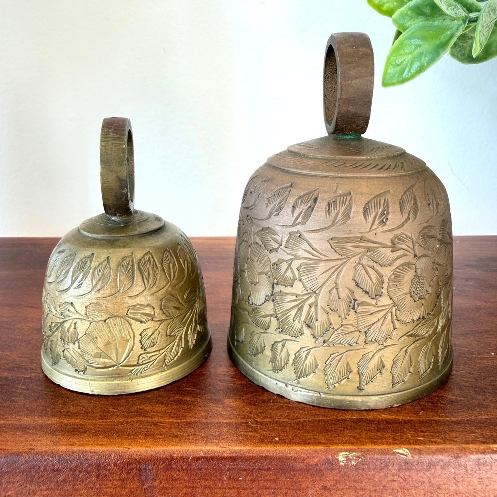 Vintage Etched Floral Solid Brass Hand Bells Set of 2 Boho Decor